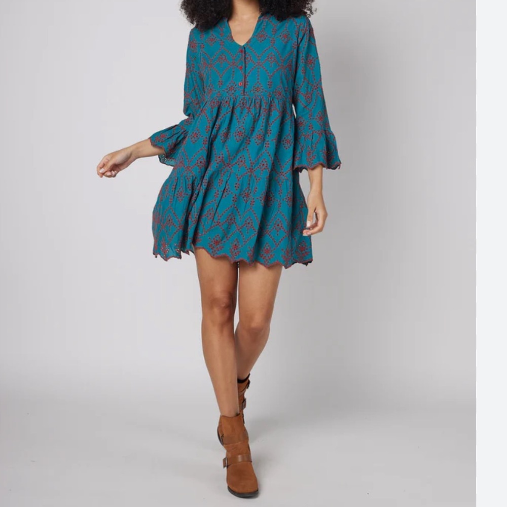 MODAPOSA Eyelet Cotton Tiered Scalloped Hem Bell Sleeves Babydoll Dress